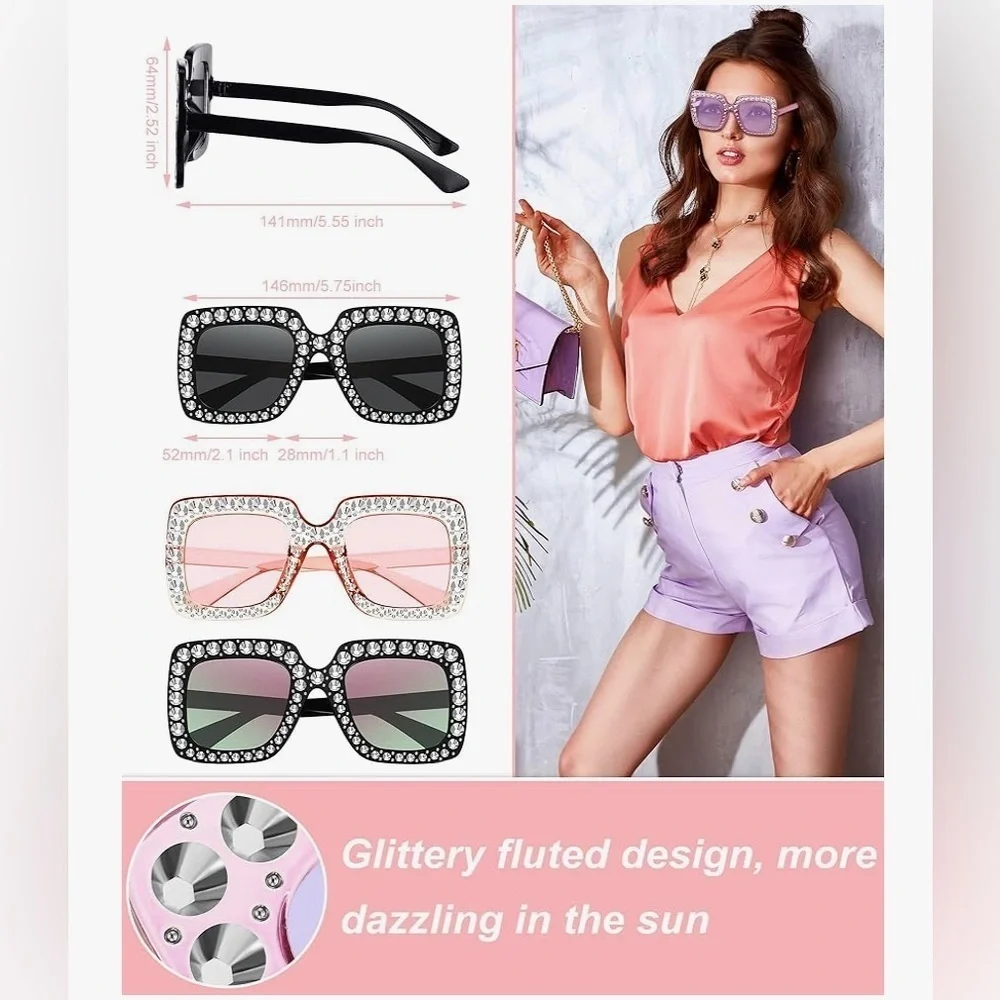 Sparkly, Fluted Rhinestone Rimmed Sunglasses, Black, Silver